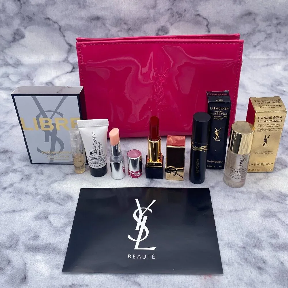 YSL Beauty Gift Set-Pink Pouch,EDP,Glow&lip Balm,Lipstick,Mascara,Primer-7pc-NEW